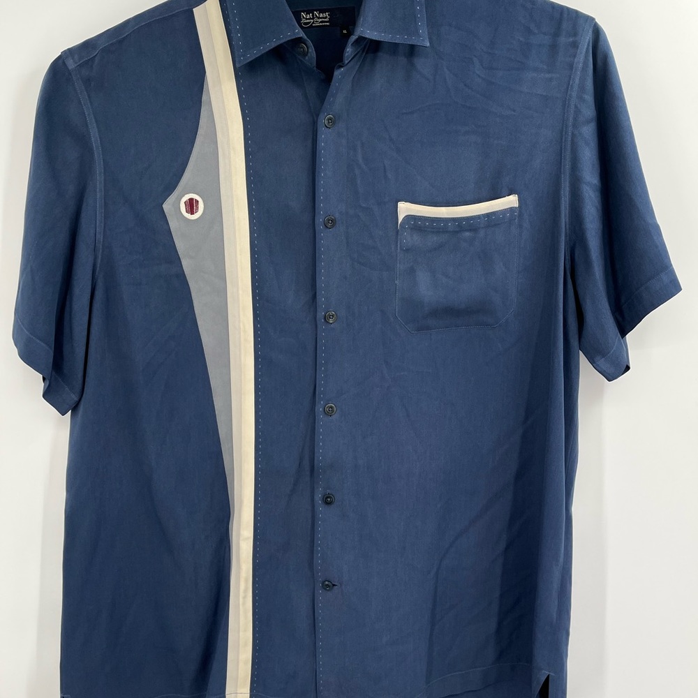 Nat Nast Luxury Originals Mens Blue Gray Bowling Silk Short Sleeve Shirt XL